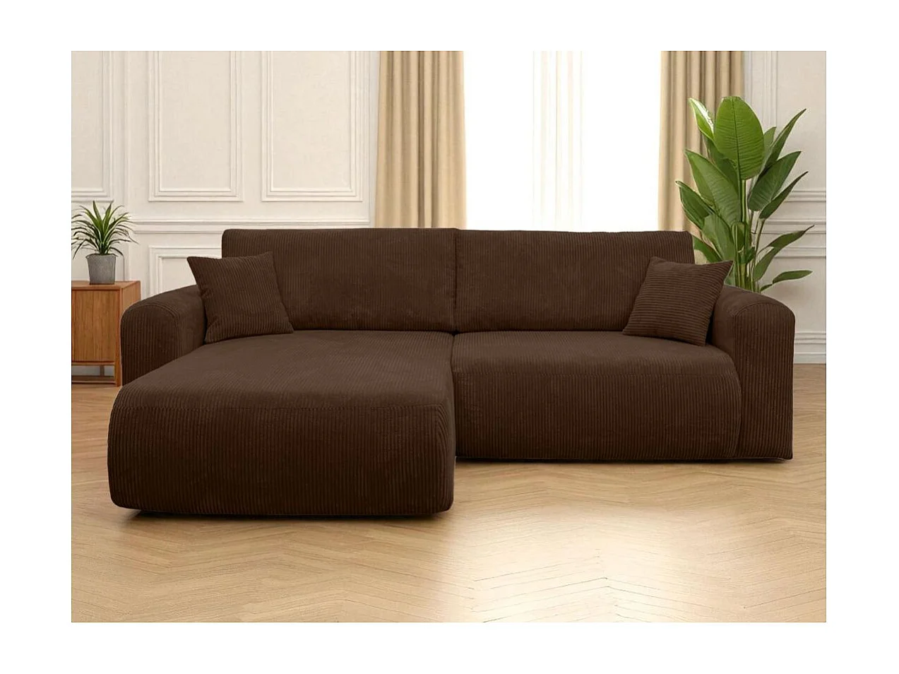 Canapé ALYA d'angle compacte réversible et convertible 4 places en velours côtelé - Marron