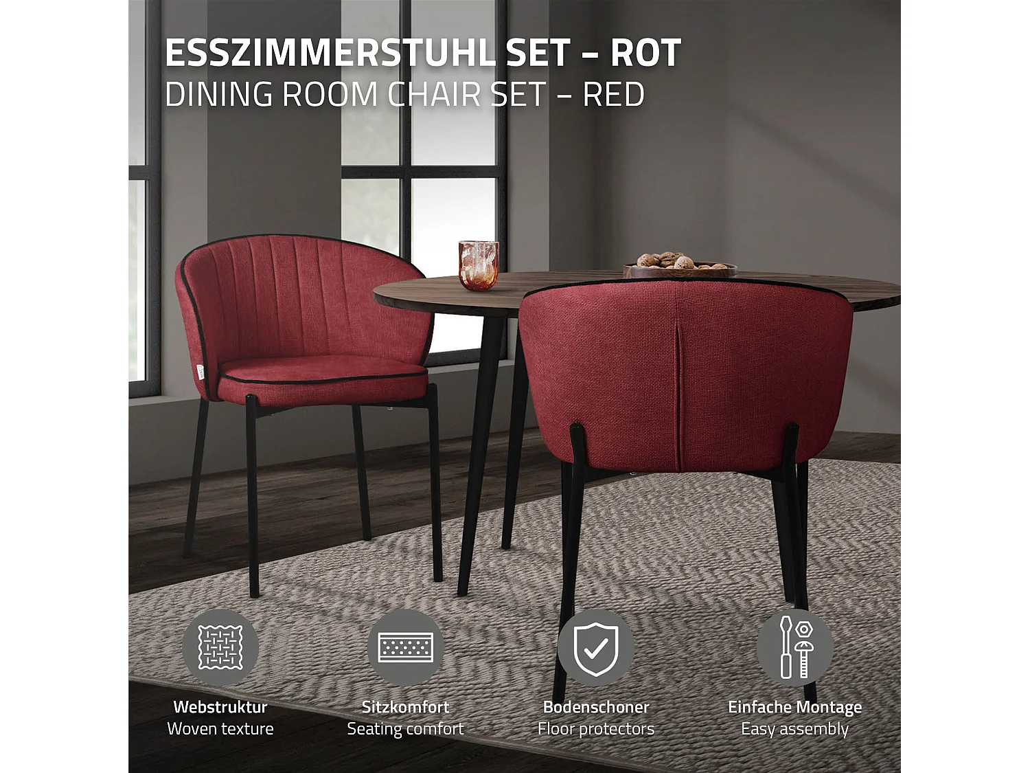 ML-Design 4x Sillas de comedor rojo con revestimiento de tela, asiento sofá de salón con respaldo, mueble de cocina tapizado con patas de metal