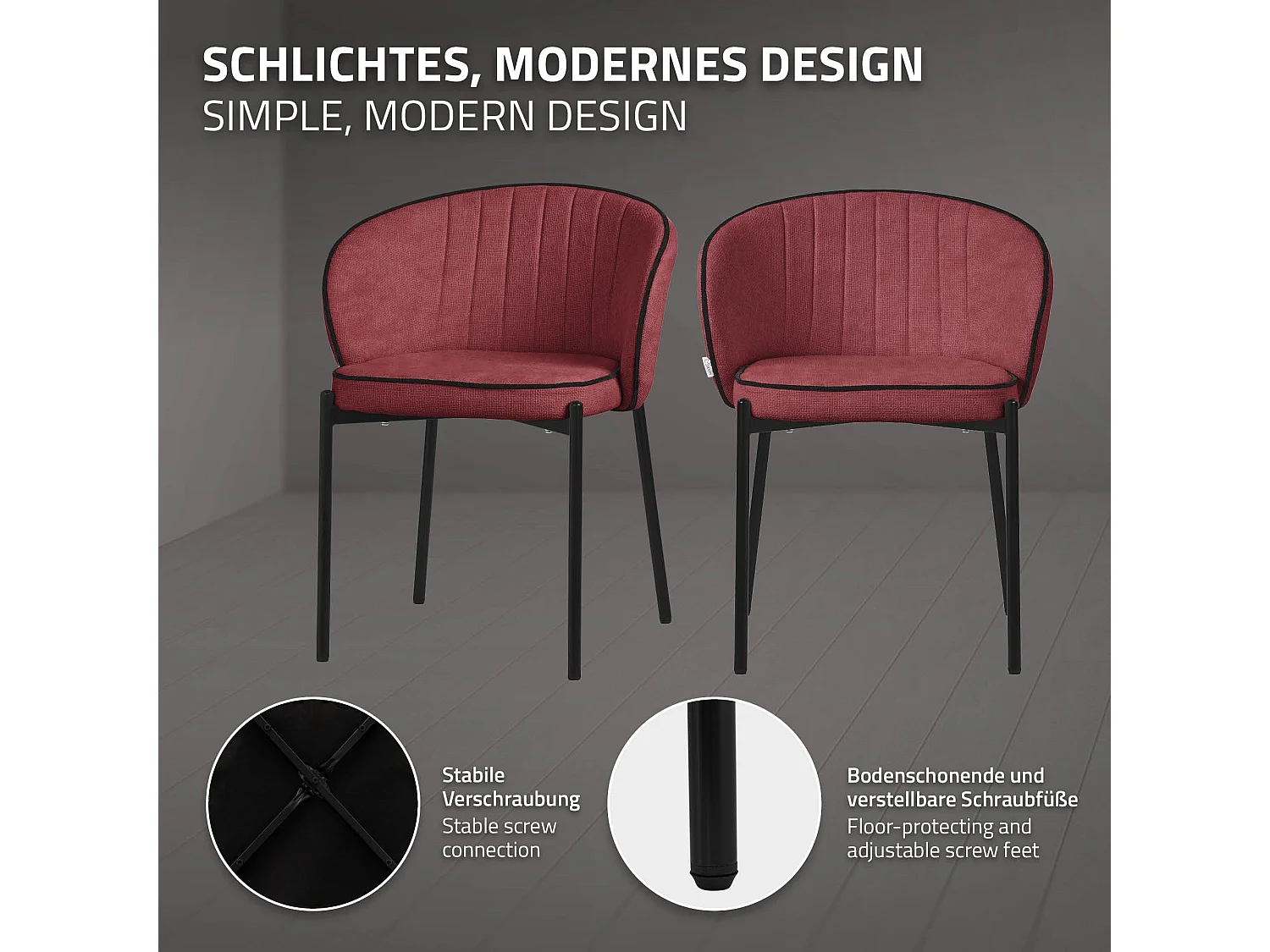 ML-Design 4x Sillas de comedor rojo con revestimiento de tela, asiento sofá de salón con respaldo, mueble de cocina tapizado con patas de metal