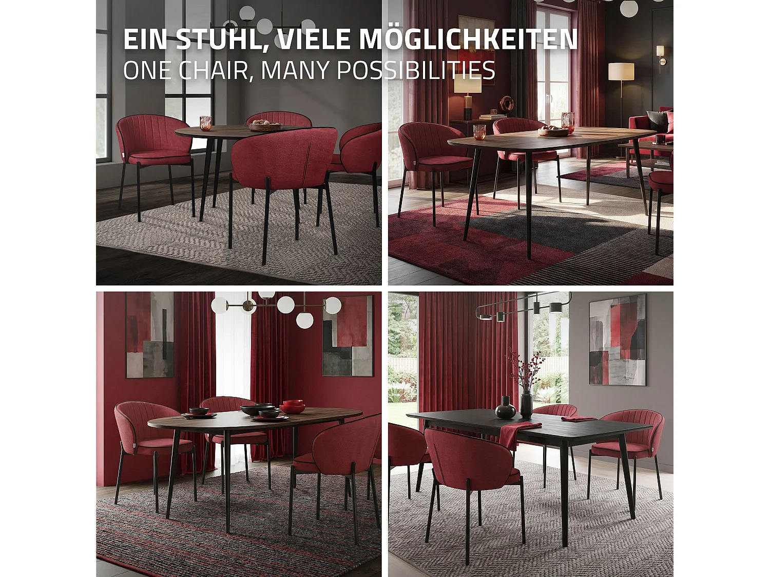 ML-Design 4x Sillas de comedor rojo con revestimiento de tela, asiento sofá de salón con respaldo, mueble de cocina tapizado con patas de metal