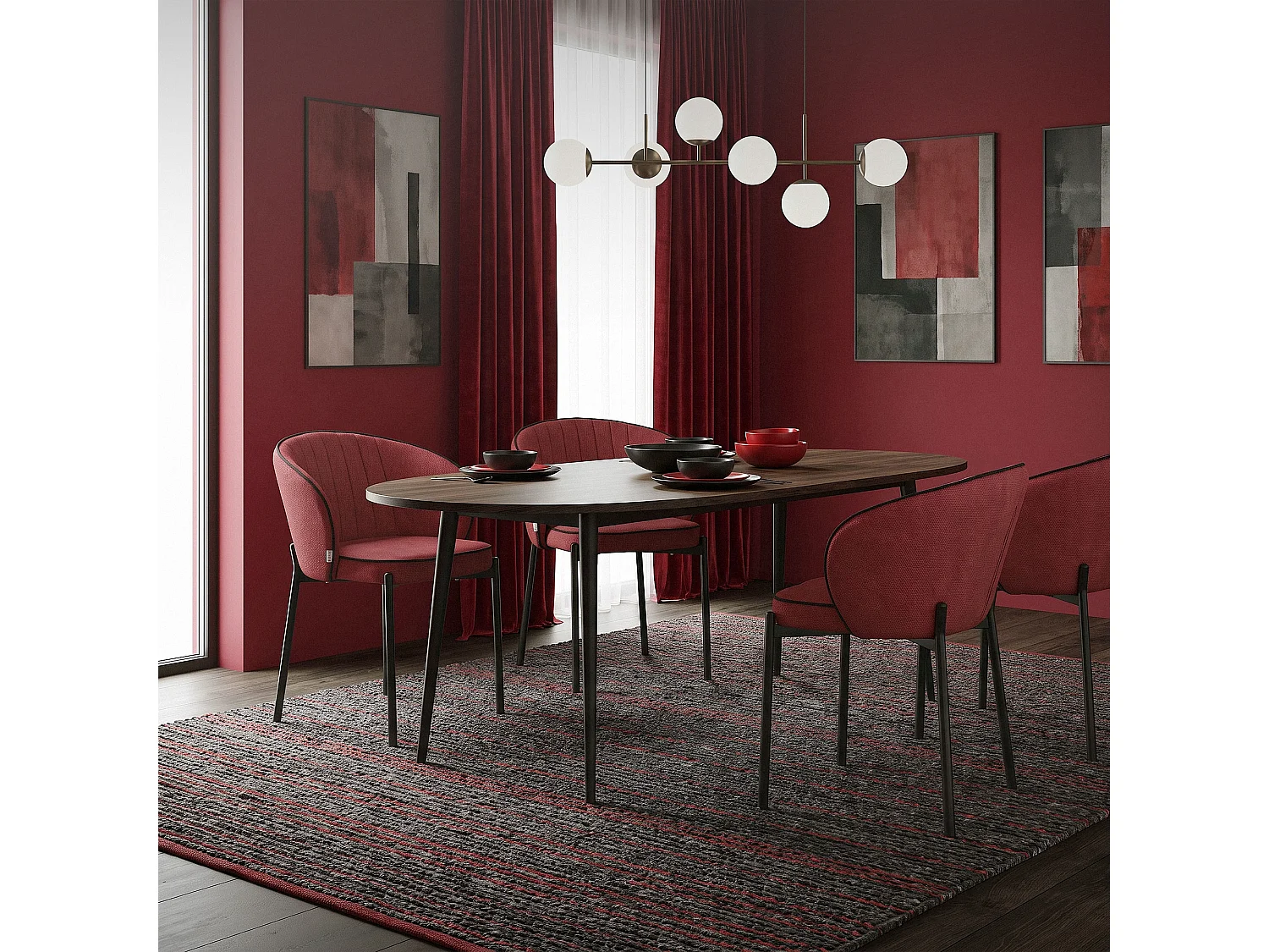 ML-Design 4x Sillas de comedor rojo con revestimiento de tela, asiento sofá de salón con respaldo, mueble de cocina tapizado con patas de metal