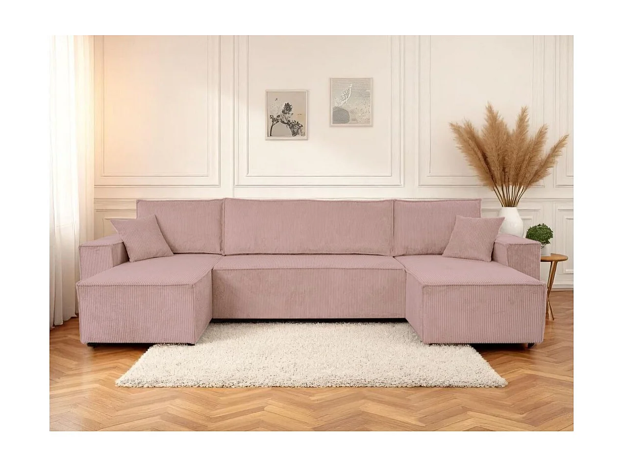 Canapé d'angle FARAH panoramique convertible 6 places en velours cotelé - Rose