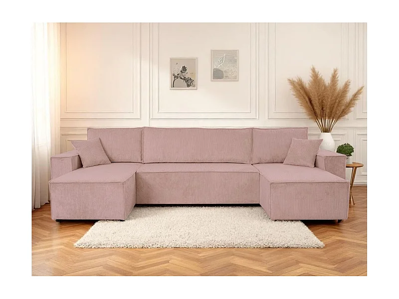 Canapé d'angle FARAH panoramique convertible 6 places en velours cotelé - Rose