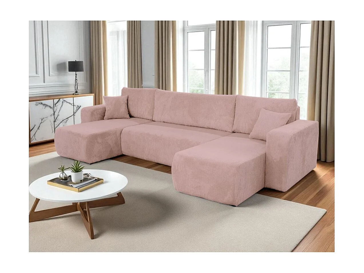 Canapé d'angle ALYA panoramique convertible 6 places en velours cotelé - Rose