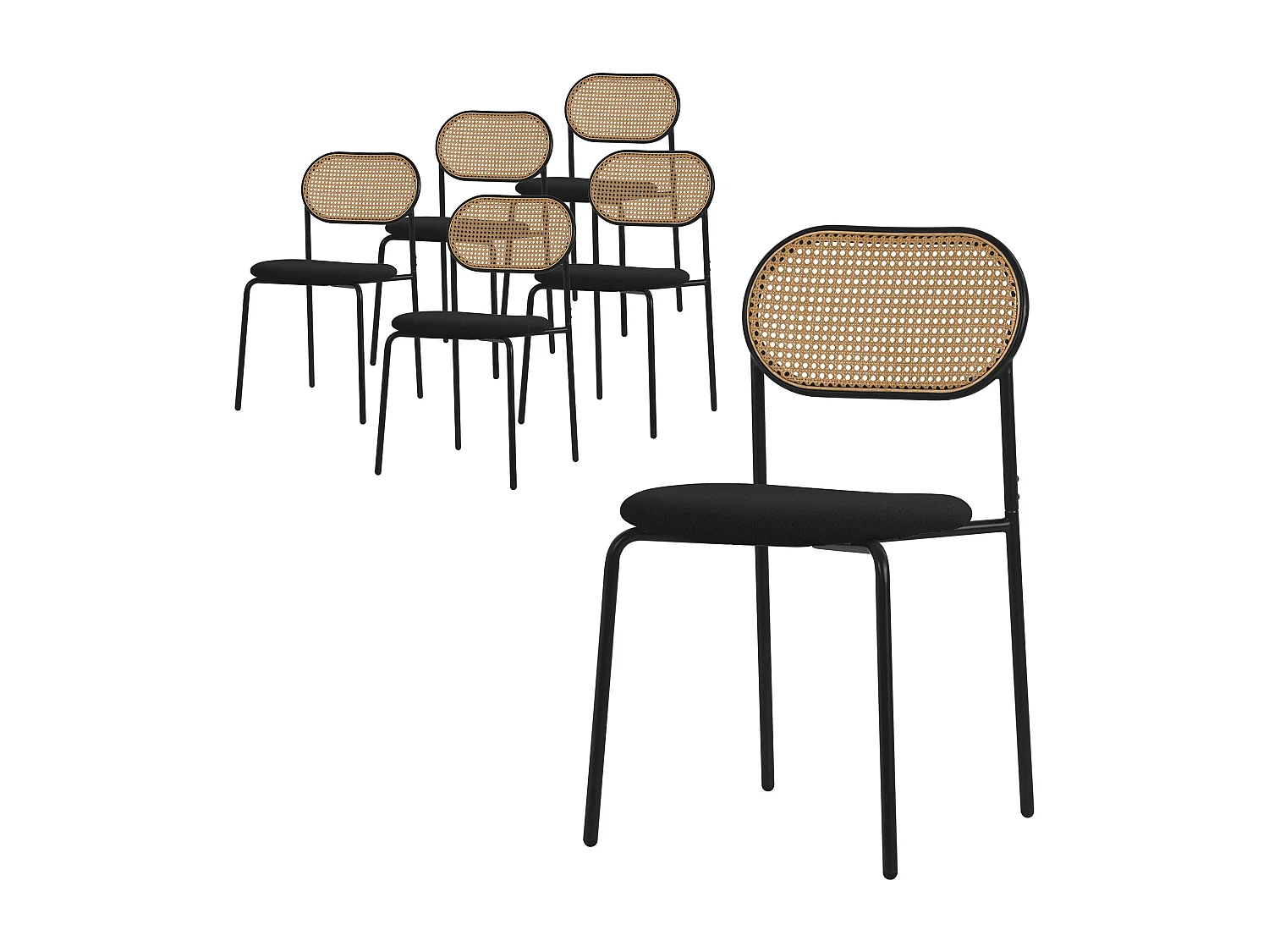 ML-Design 6x Sillas de comedor negro tapizado ratán con patas metal respaldo curvado de rejilla y apoyabrazos ergonómico sillón moderno para hogar