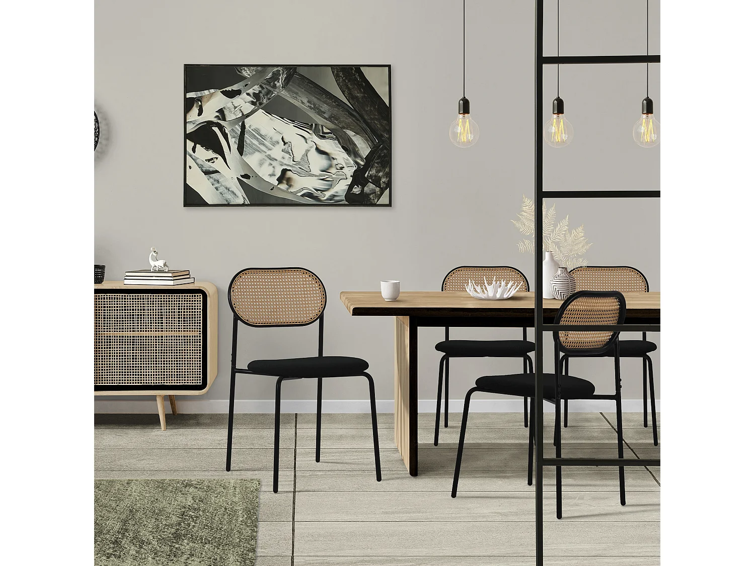 ML-Design 6x Sillas de comedor negro tapizado ratán con patas metal respaldo curvado de rejilla y apoyabrazos ergonómico sillón moderno para hogar
