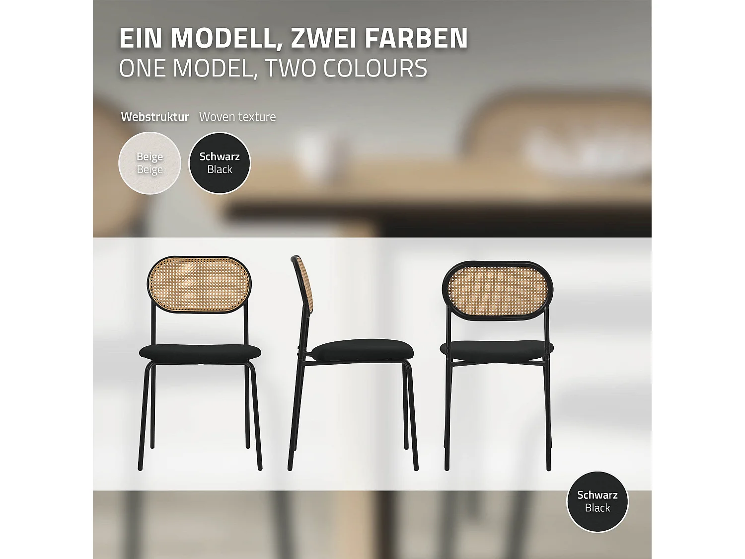 ML-Design Sedie da pranzo set di 6 nero telaio in acciaio schienale in rattan PE seduta confortevole sedia da cucina ergonomica protezione per terra