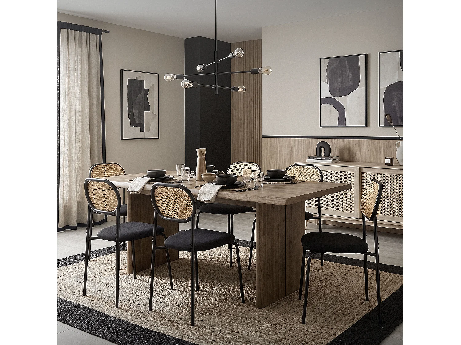 ML-Design Sedie da pranzo set di 6 nero telaio in acciaio schienale in rattan PE seduta confortevole sedia da cucina ergonomica protezione per terra