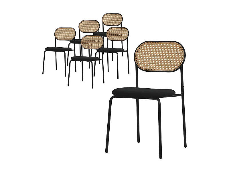ML-Design Sedie da pranzo set di 6 nero telaio in acciaio schienale in rattan PE seduta confortevole sedia da cucina ergonomica protezione per terra