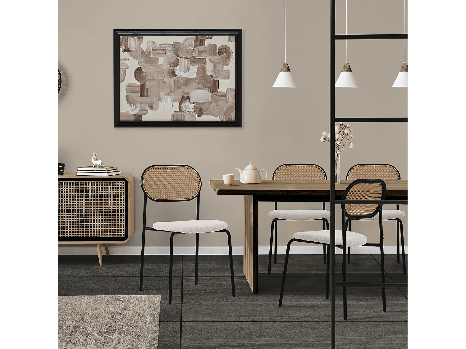 ML-Design 6x Sillas de comedor beige tapizado ratán con patas metal respaldo curvado de rejilla y apoyabrazos ergonómico sillón moderno para hogar