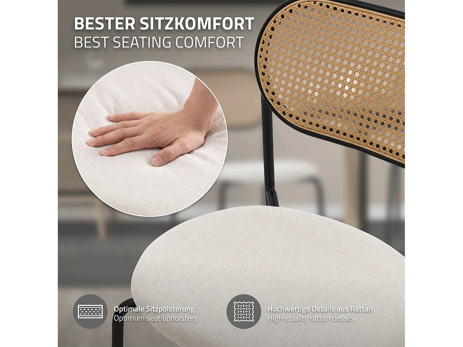 Lot de 6 chaises avec dossier en rotin tressé structure métallique assise beige rembourrée sièges d'accentuation salle à manger, cuisine espace repas