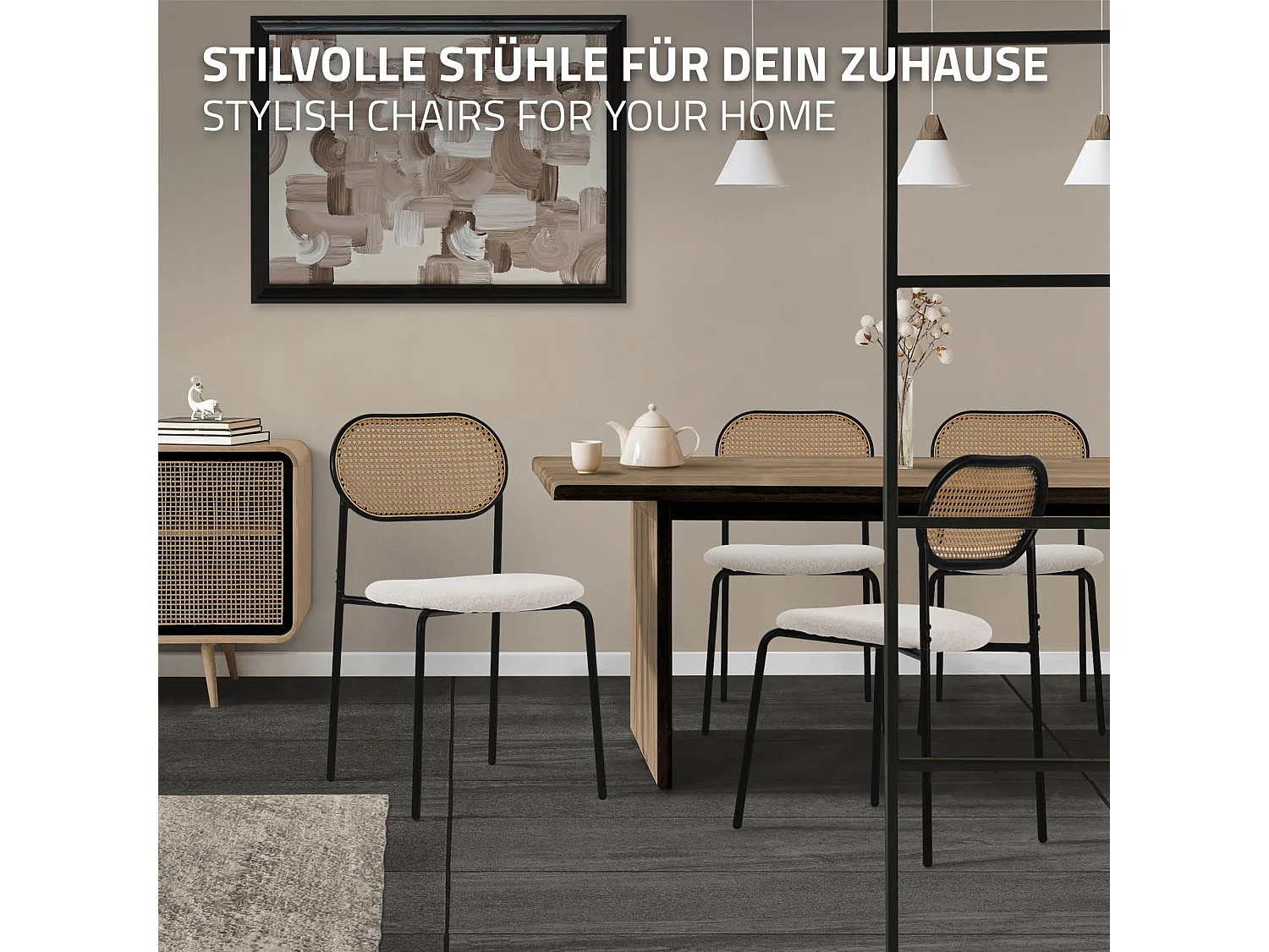 Lot de 6 chaises avec dossier en rotin tressé structure métallique assise beige rembourrée sièges d'accentuation salle à manger, cuisine espace repas