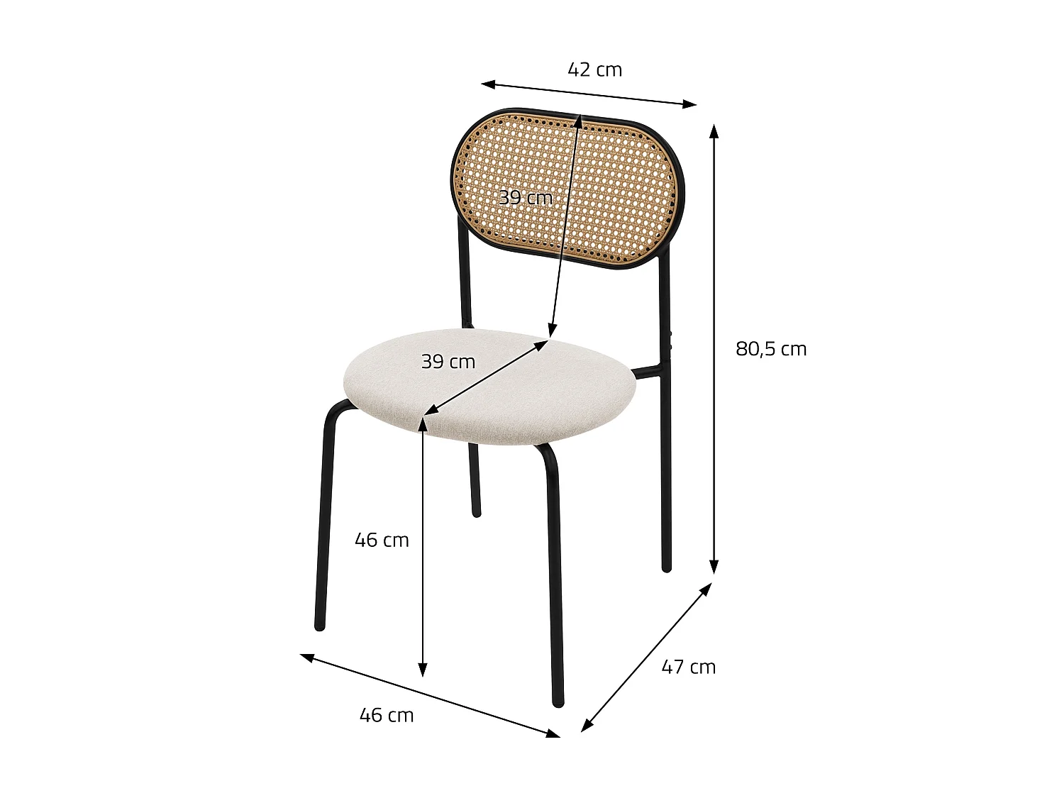 Lot de 6 chaises avec dossier en rotin tressé structure métallique assise beige rembourrée sièges d'accentuation salle à manger, cuisine espace repas