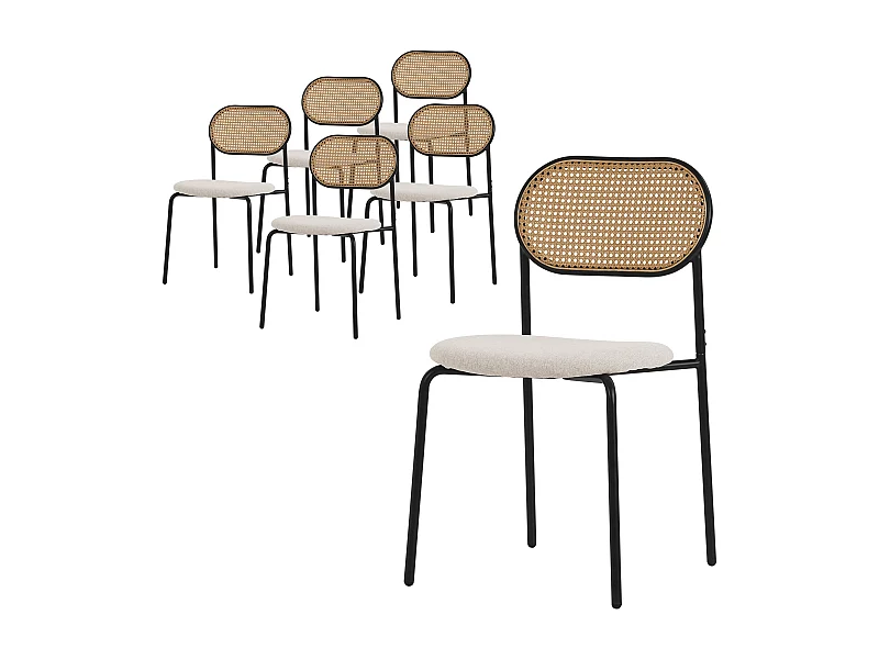 ML-Design 6x Sillas de comedor beige tapizado ratán con patas metal respaldo curvado de rejilla y apoyabrazos ergonómico sillón moderno para hogar