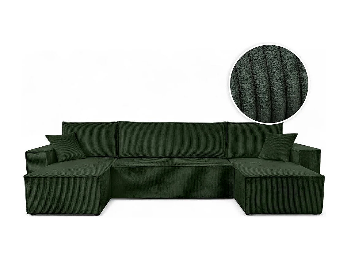 Canapé d'angle FARAH panoramique convertible 6 places en velours cotelé - Vert foncé
