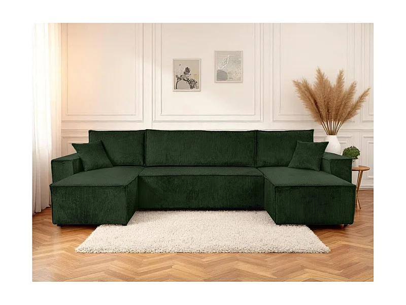 Canapé d'angle FARAH panoramique convertible 6 places en velours cotelé - Vert foncé