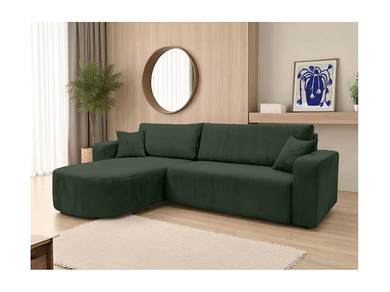 Canapé KIARA d'angle réversible convertible 4 places en velours côtelé - Vert foncé
