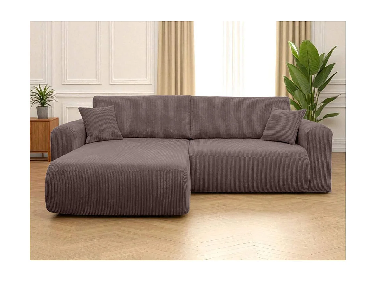 Canapé ALYA d'angle compacte réversible et convertible 4 places en velours côtelé - Marron glacé