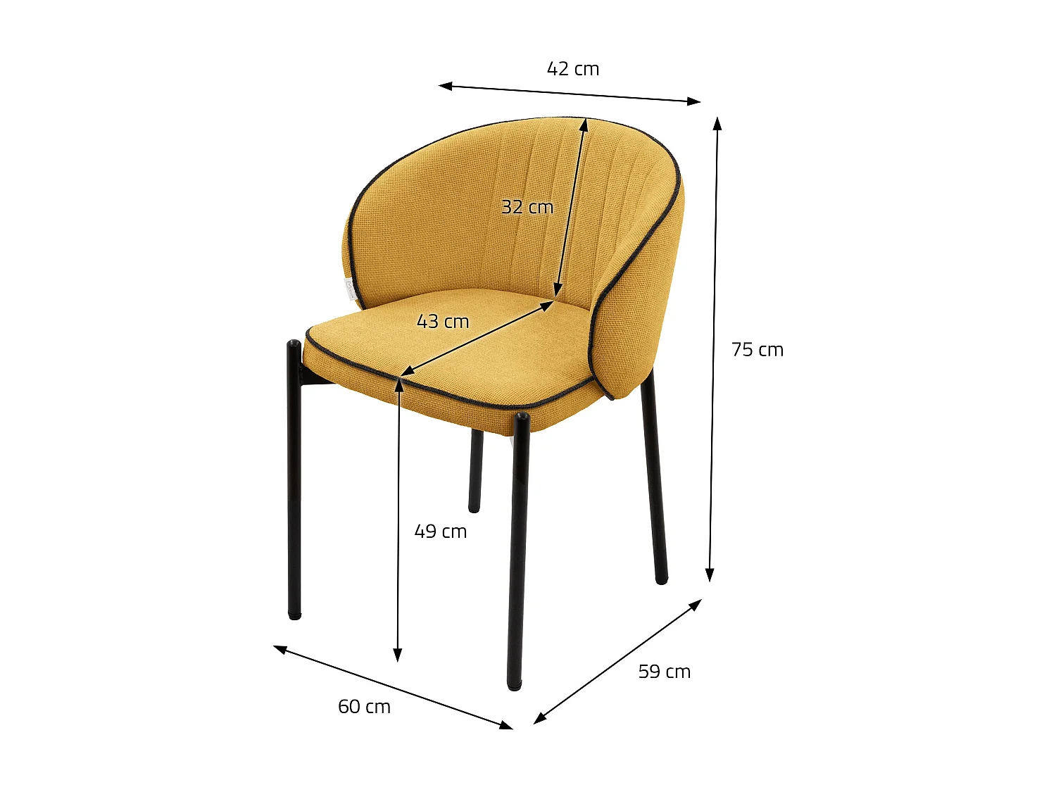 Set de 4 Chaises de salle à manger moutarde revêtement en tissu pieds en métal robustes fauteuils rembourrés dossier ergonomique pour cuisine ou salon