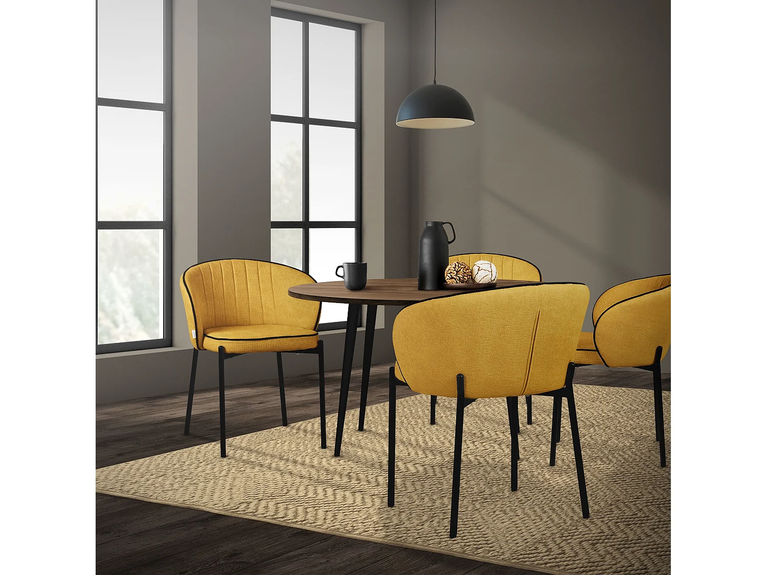 Set de 4 Chaises de salle à manger moutarde revêtement en tissu pieds en métal robustes fauteuils rembourrés dossier ergonomique pour cuisine ou salon