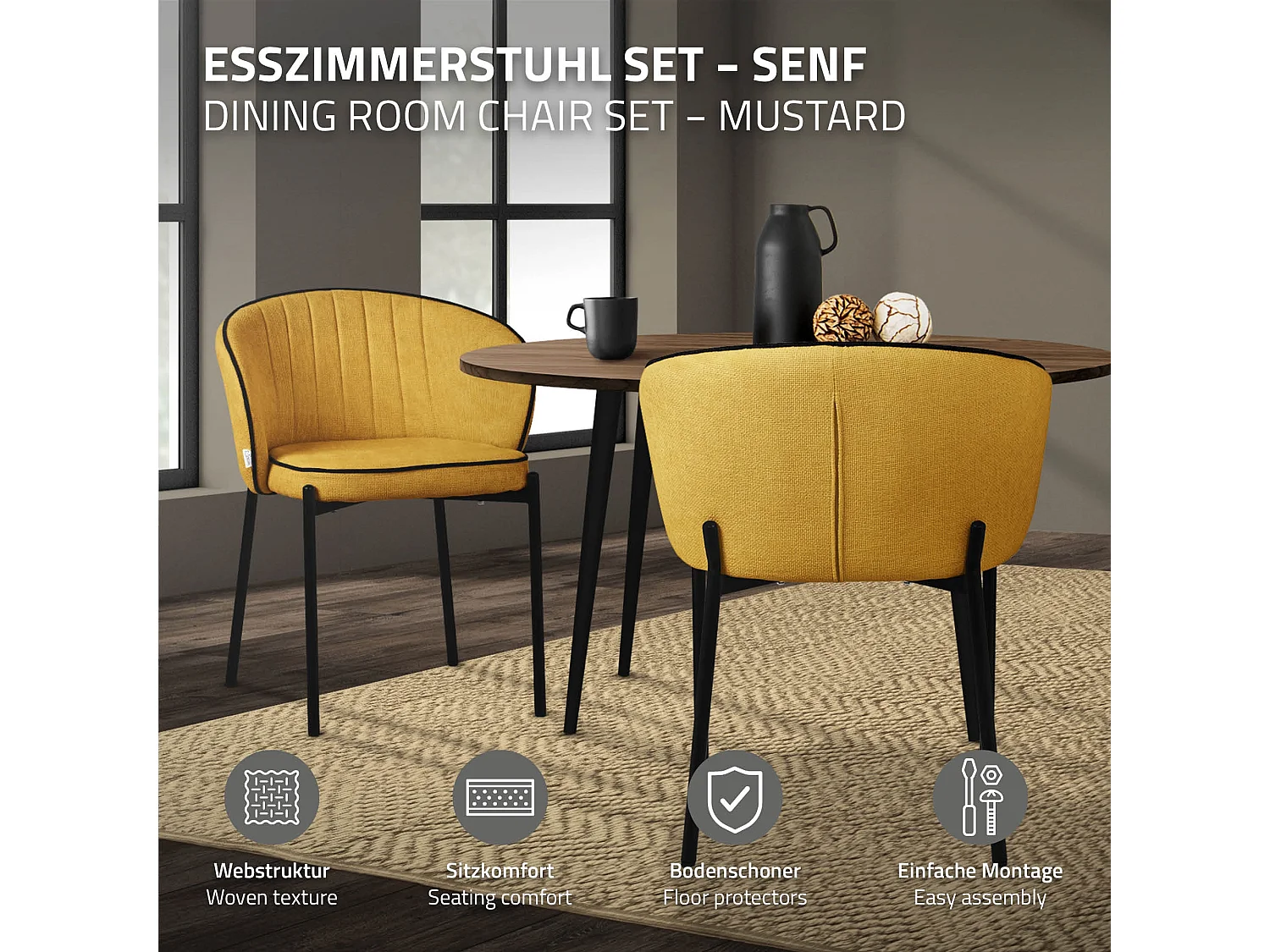 ML-Design 4x Sillas de comedor mostaza con revestimiento de tela, asiento sofá de salón con respaldo, mueble de cocina tapizado con patas de metal