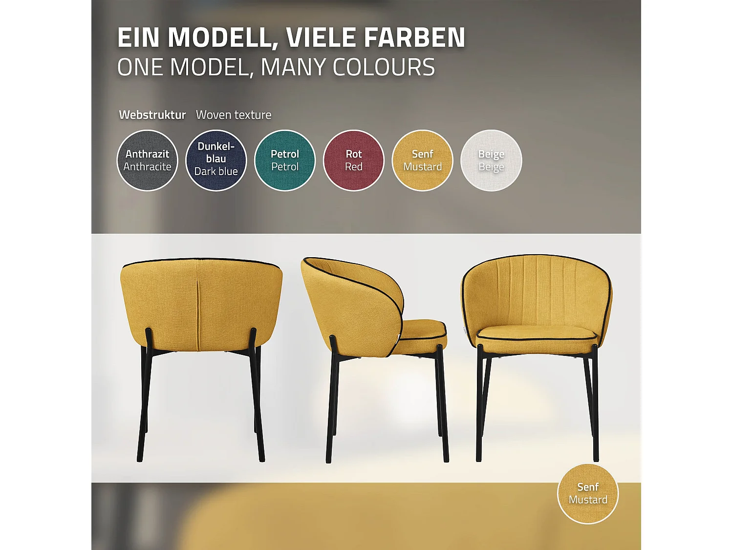 ML-Design 4x Sillas de comedor mostaza con revestimiento de tela, asiento sofá de salón con respaldo, mueble de cocina tapizado con patas de metal