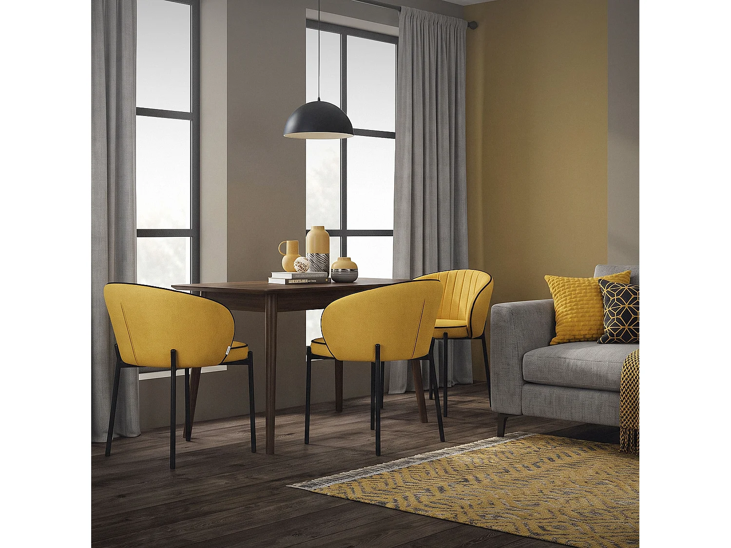 ML-Design 4x Sillas de comedor mostaza con revestimiento de tela, asiento sofá de salón con respaldo, mueble de cocina tapizado con patas de metal