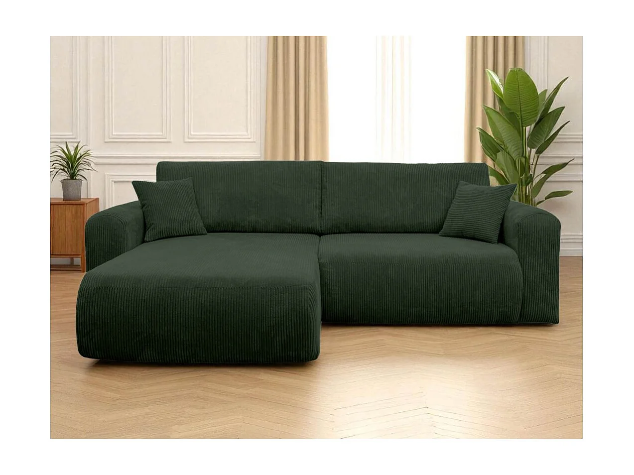 Canapé ALYA d'angle compacte réversible et convertible 4 places en velours côtelé - Vert foncé