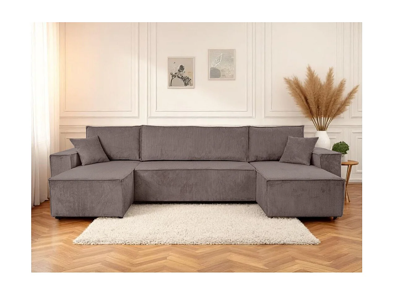 Canapé d'angle FARAH panoramique convertible 6 places en velours cotelé - Marron glacé