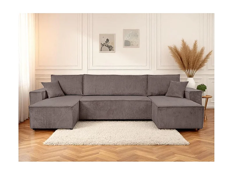 Canapé d'angle FARAH panoramique convertible 6 places en velours cotelé - Marron glacé