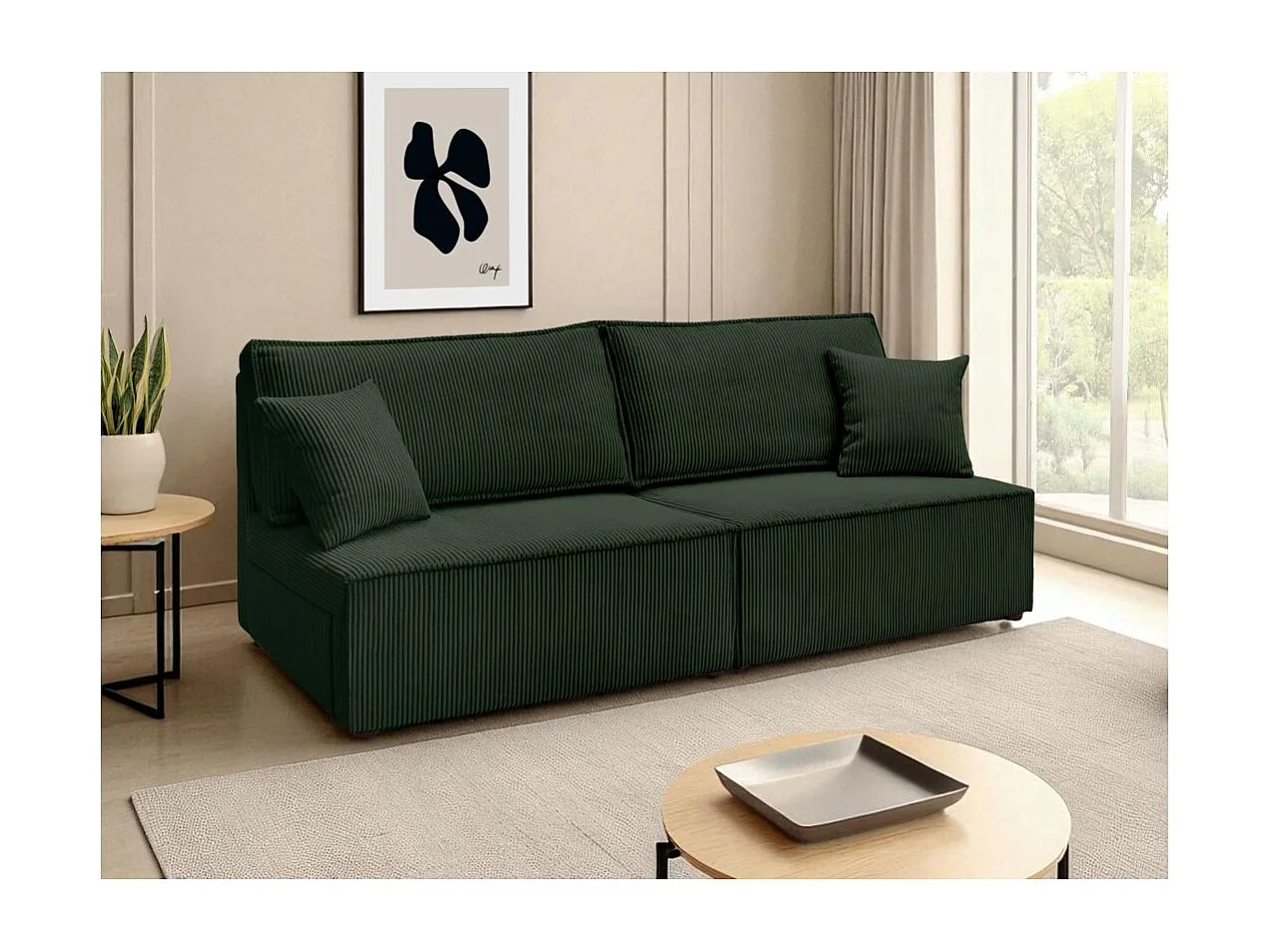 Canapé convertible 3 places FIONA sans accoudoirs coffre de rangement velours côtelé - Vert foncé