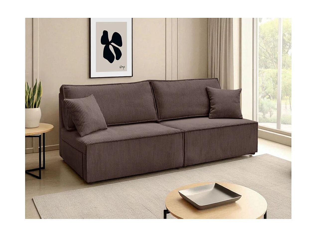 Canapé convertible 3 places FIONA sans accoudoirs coffre de rangement velours côtelé - Marron glacé