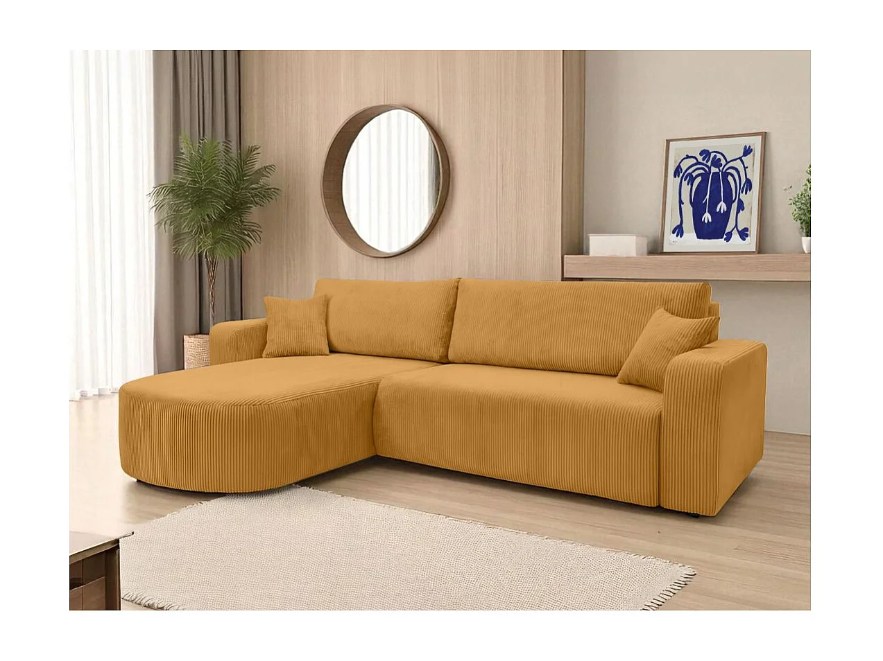 Canapé KIARA d'angle réversible convertible 4 places en velours côtelé - Jaune