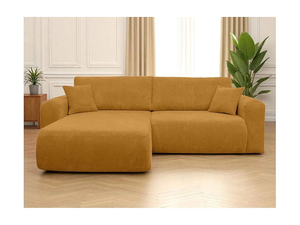 Canapé ALYA d'angle compacte réversible et convertible 4 places en velours côtelé - Jaune