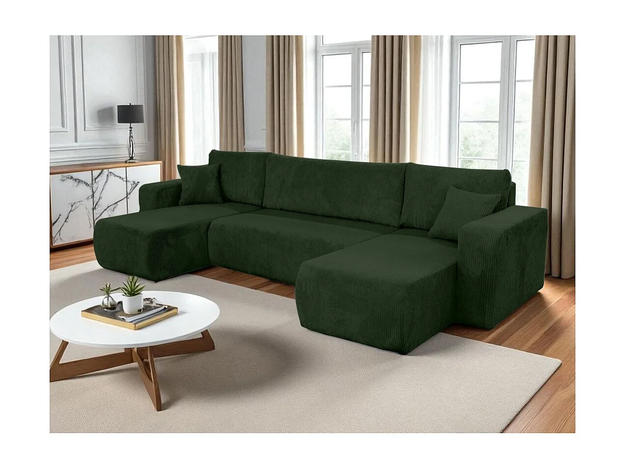 Canapé d'angle ALYA panoramique convertible 6 places en velours cotelé - Vert foncé