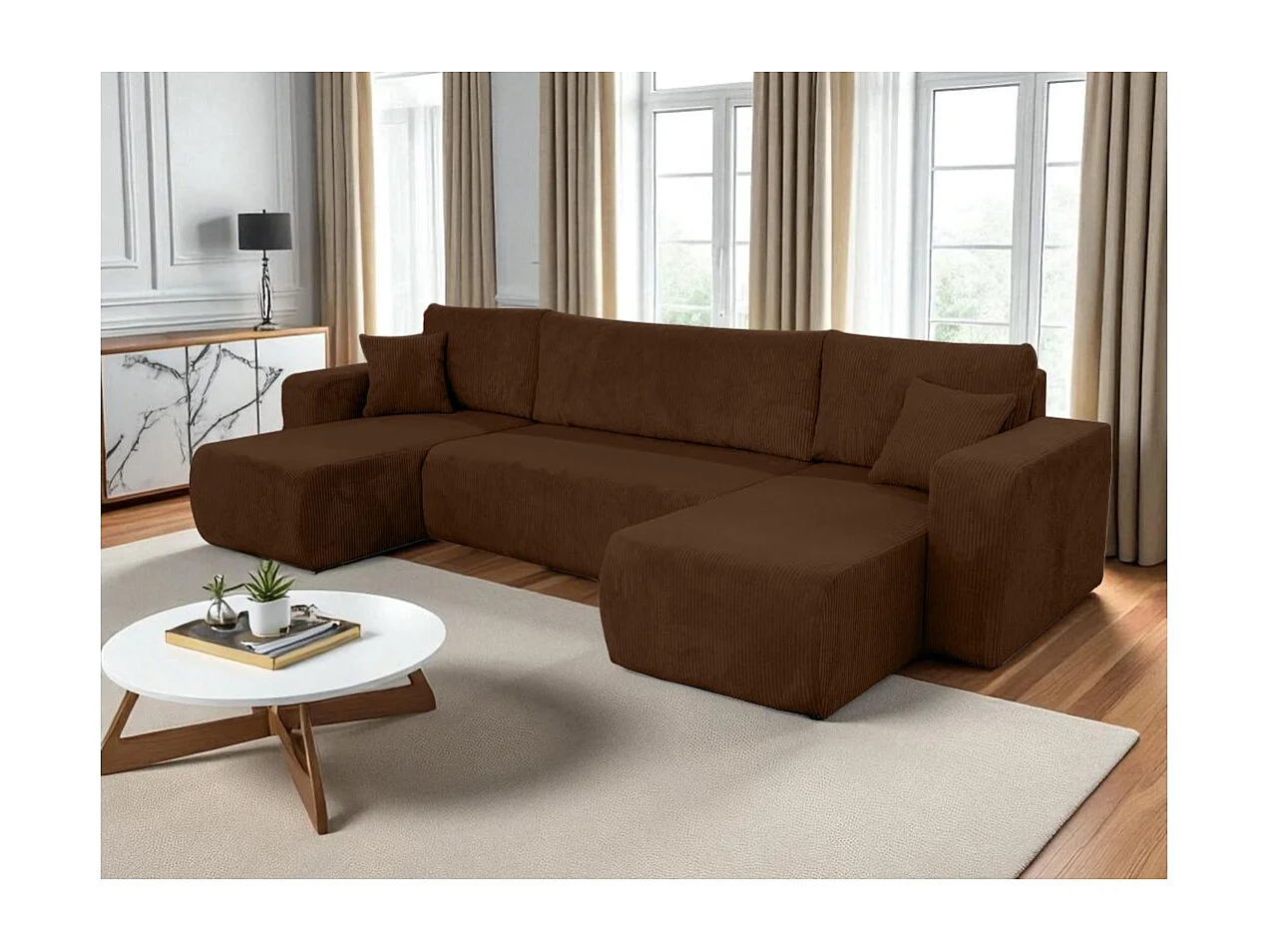 Canapé d'angle ALYA panoramique convertible 6 places en velours cotelé - Marron