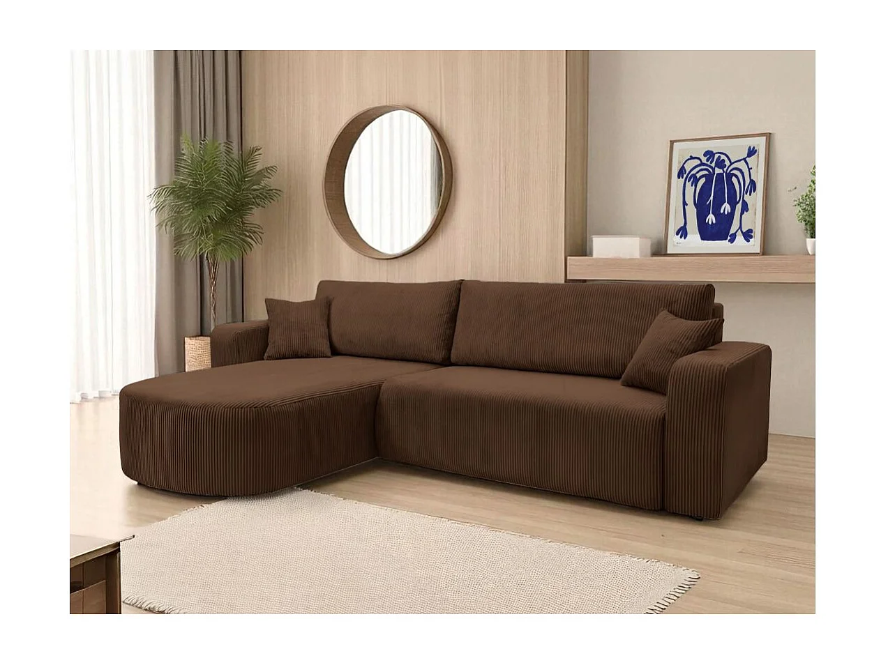 Canapé KIARA d'angle réversible convertible 4 places en velours côtelé - Marron