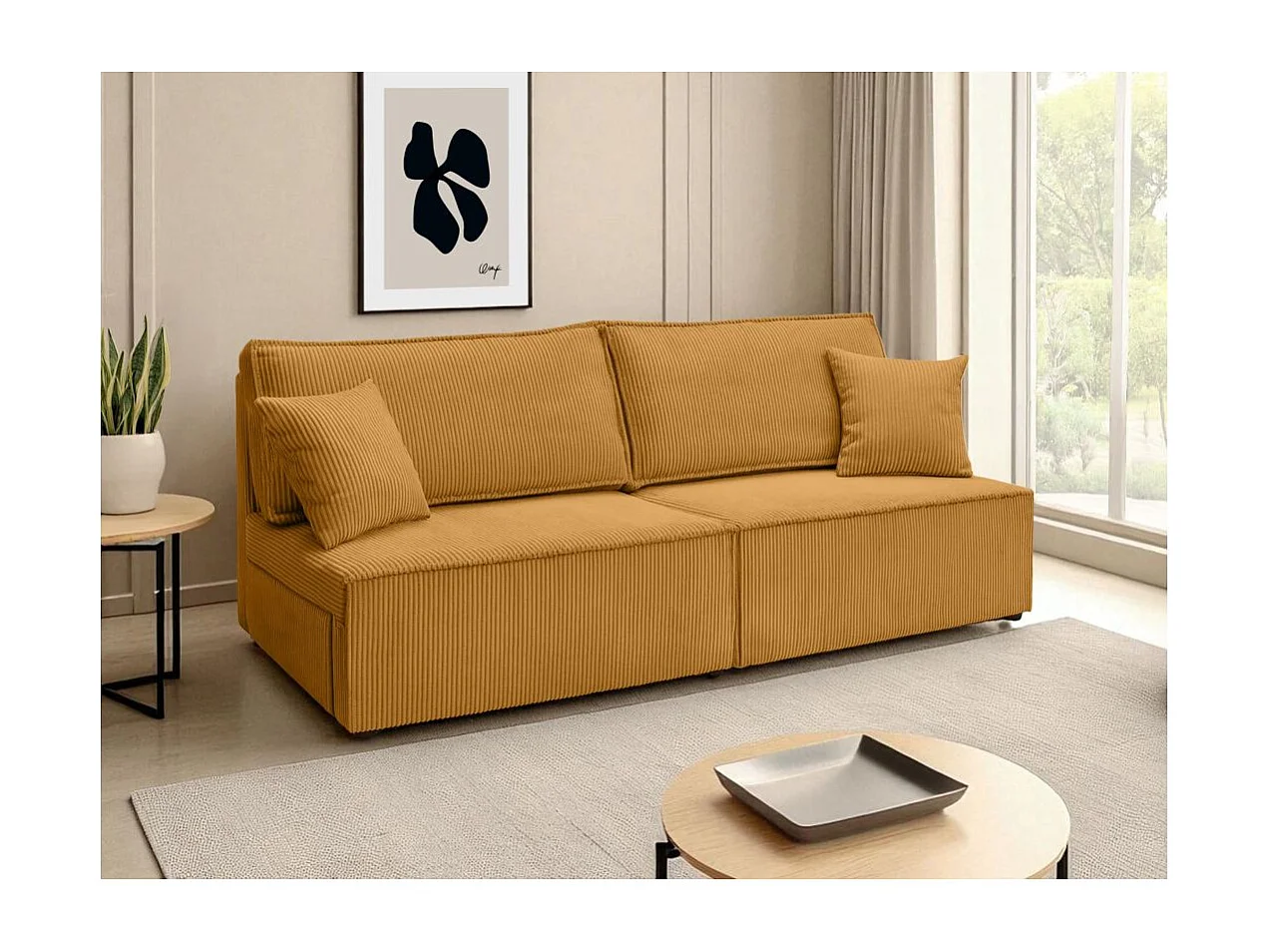 Canapé convertible 3 places FIONA sans accoudoirs coffre de rangement velours côtelé - Jaune