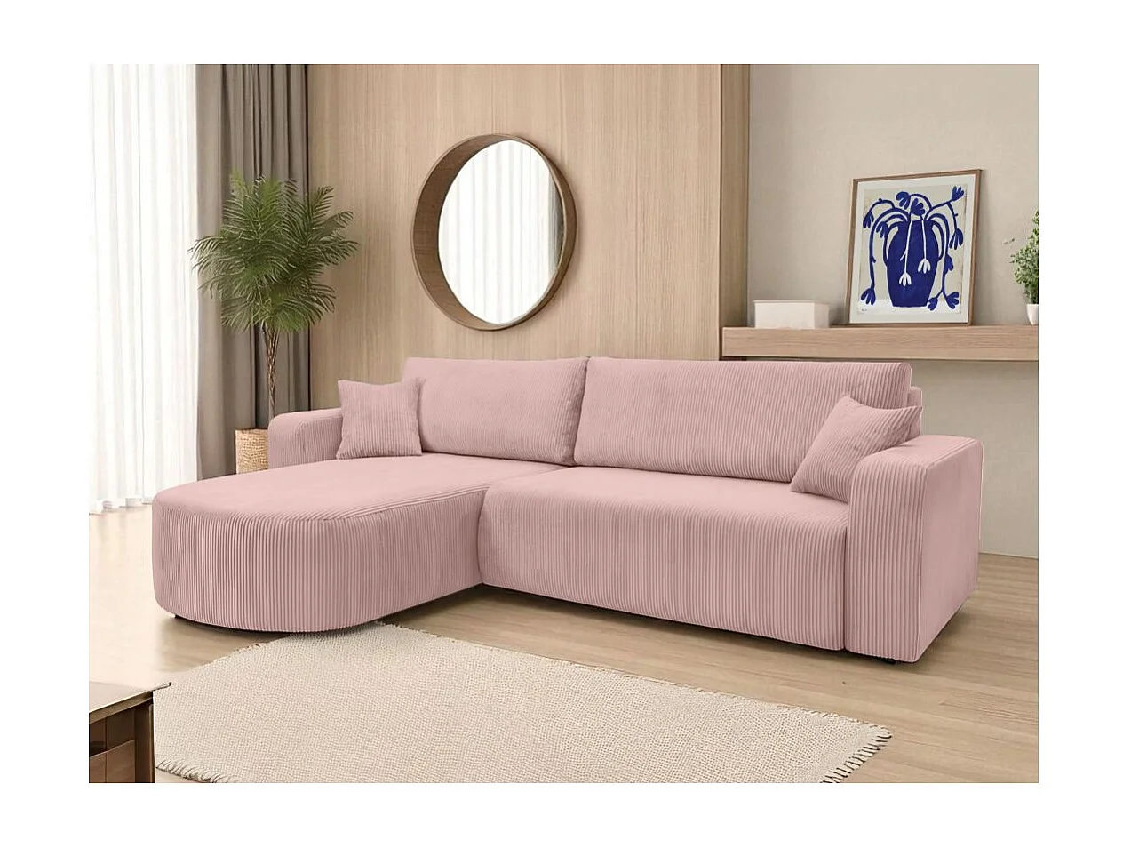 Canapé KIARA d'angle réversible convertible 4 places en velours côtelé - Rose