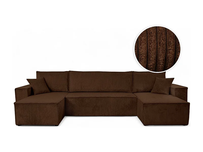 Canapé d'angle FARAH panoramique convertible 6 places en velours cotelé - Marron