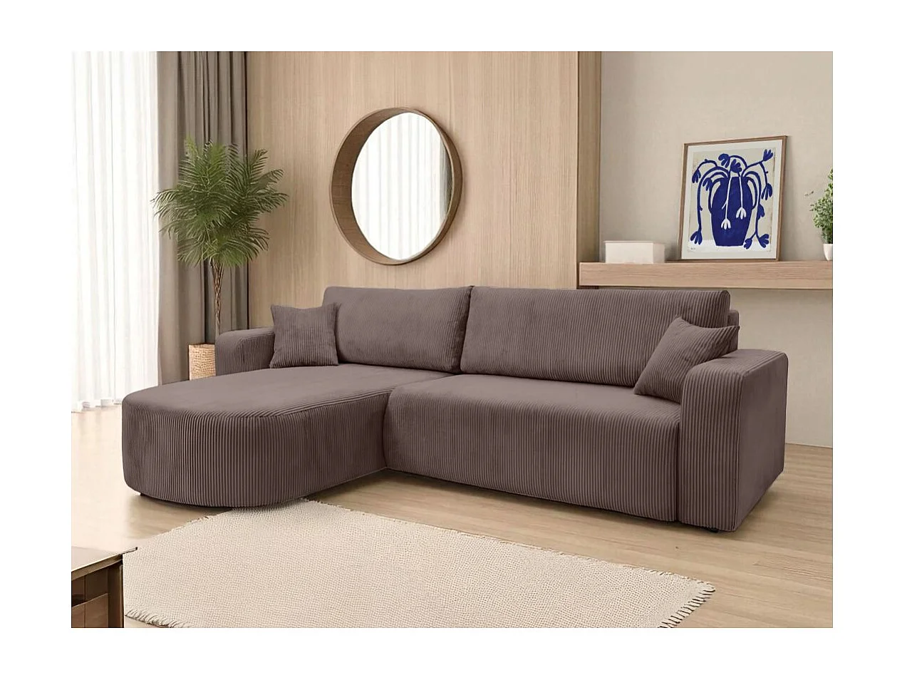Canapé KIARA d'angle réversible convertible 4 places en velours côtelé - Marron glacé