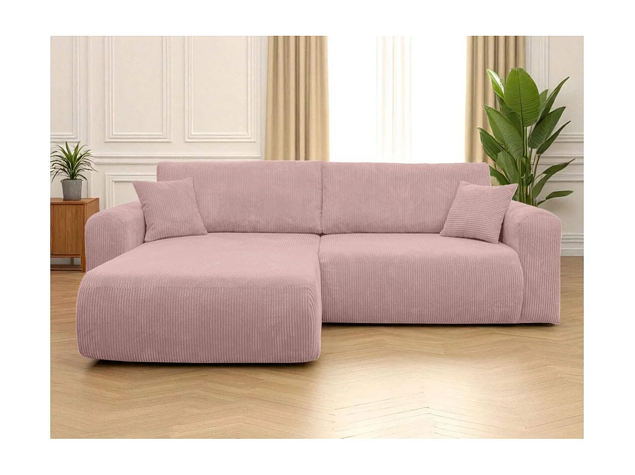 Canapé ALYA d'angle compacte réversible et convertible 4 places en velours côtelé - Rose