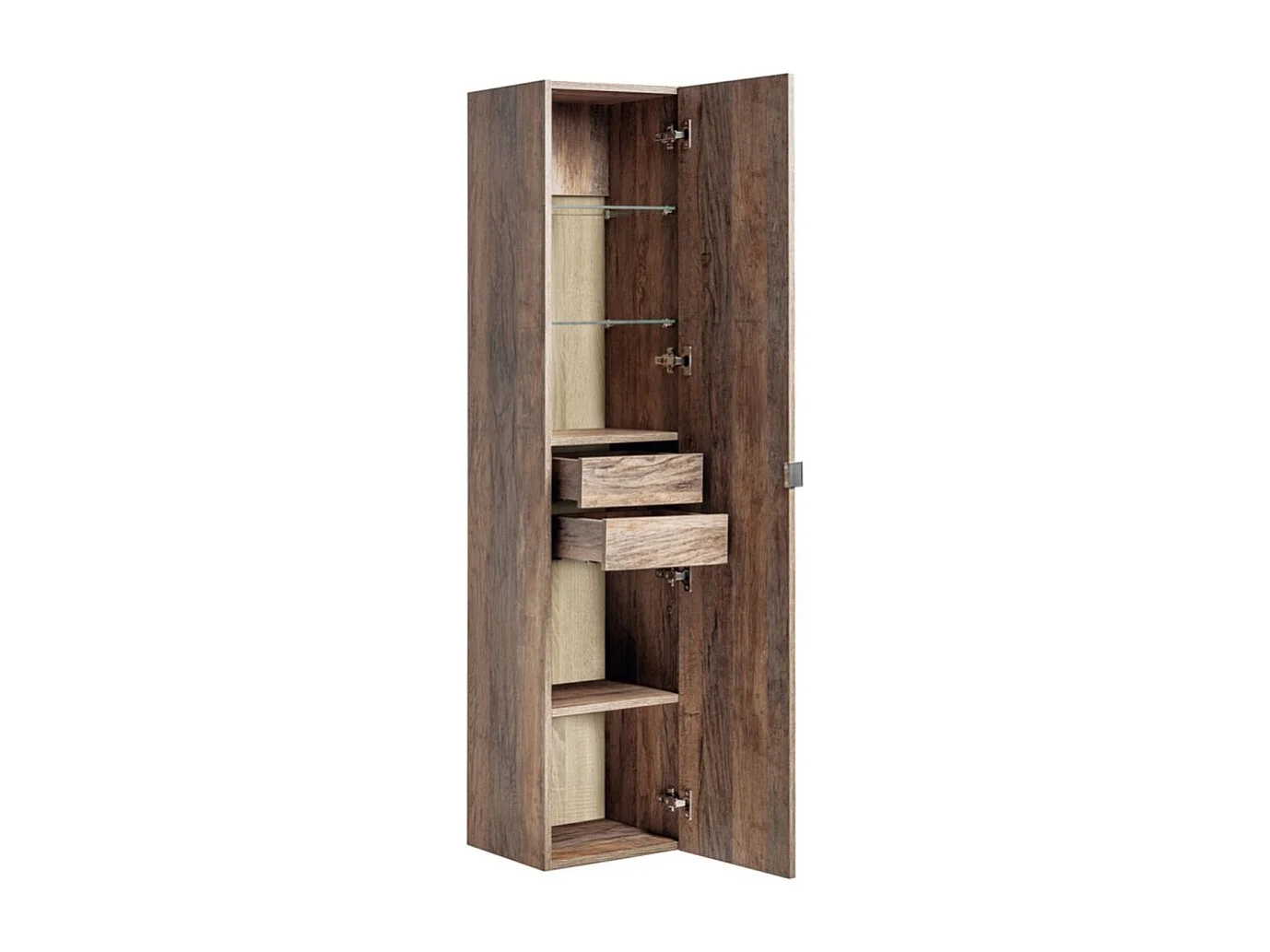 Colonne salle de bain VANTA chêne foncé 160 cm – Meuble suspendu avec porte, tiroir et étagères