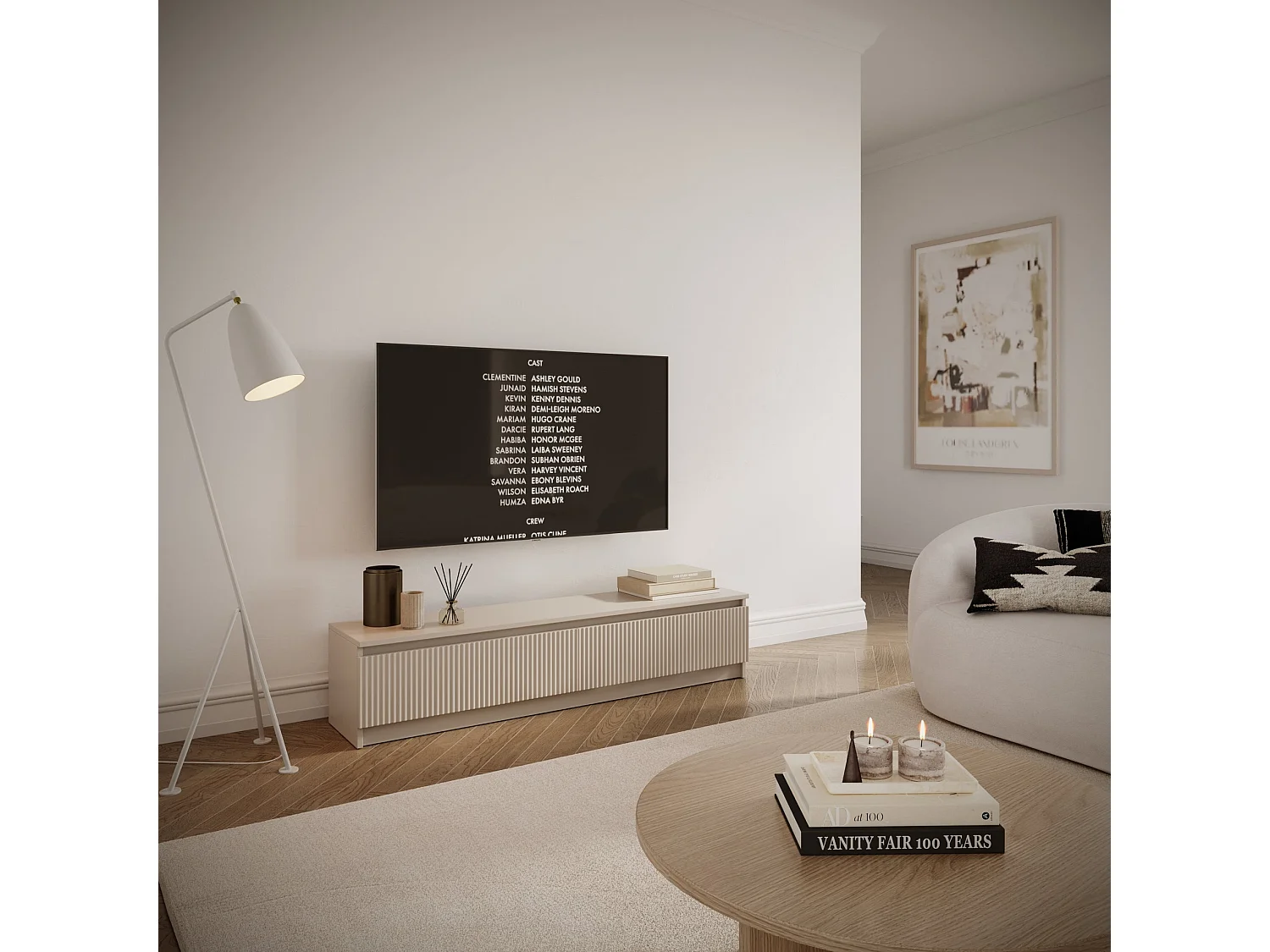 Mueble de TV de 2 puertas con frente acanalado – gris cashmere – 139 cm – SANDIA