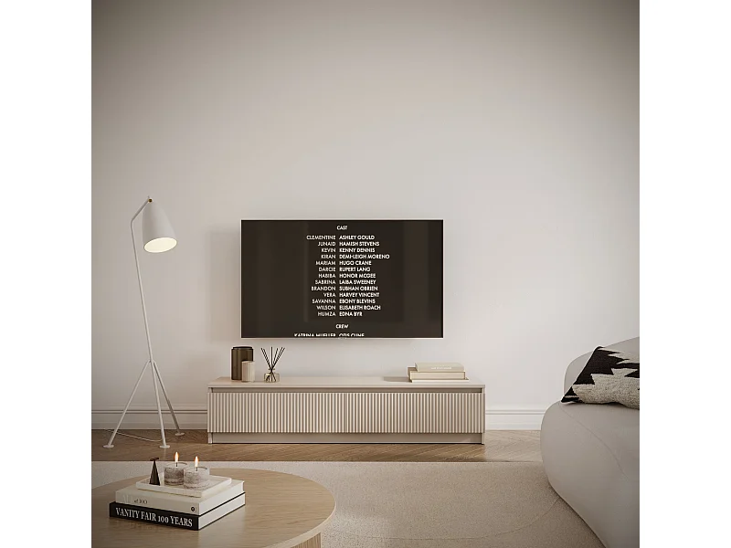 Mueble de TV de 2 puertas con frente acanalado – gris cashmere – 139 cm – SANDIA