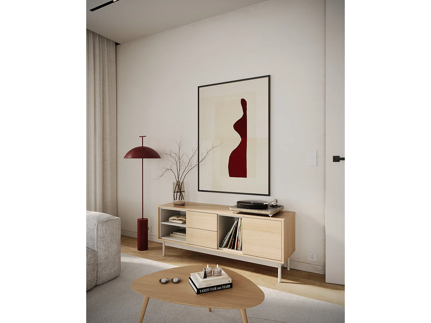 TV-Lowboard mit zwei Schubladen – drei offenen Fächern – Eichenholzoptik / Kaschmirgrau – LAYEN