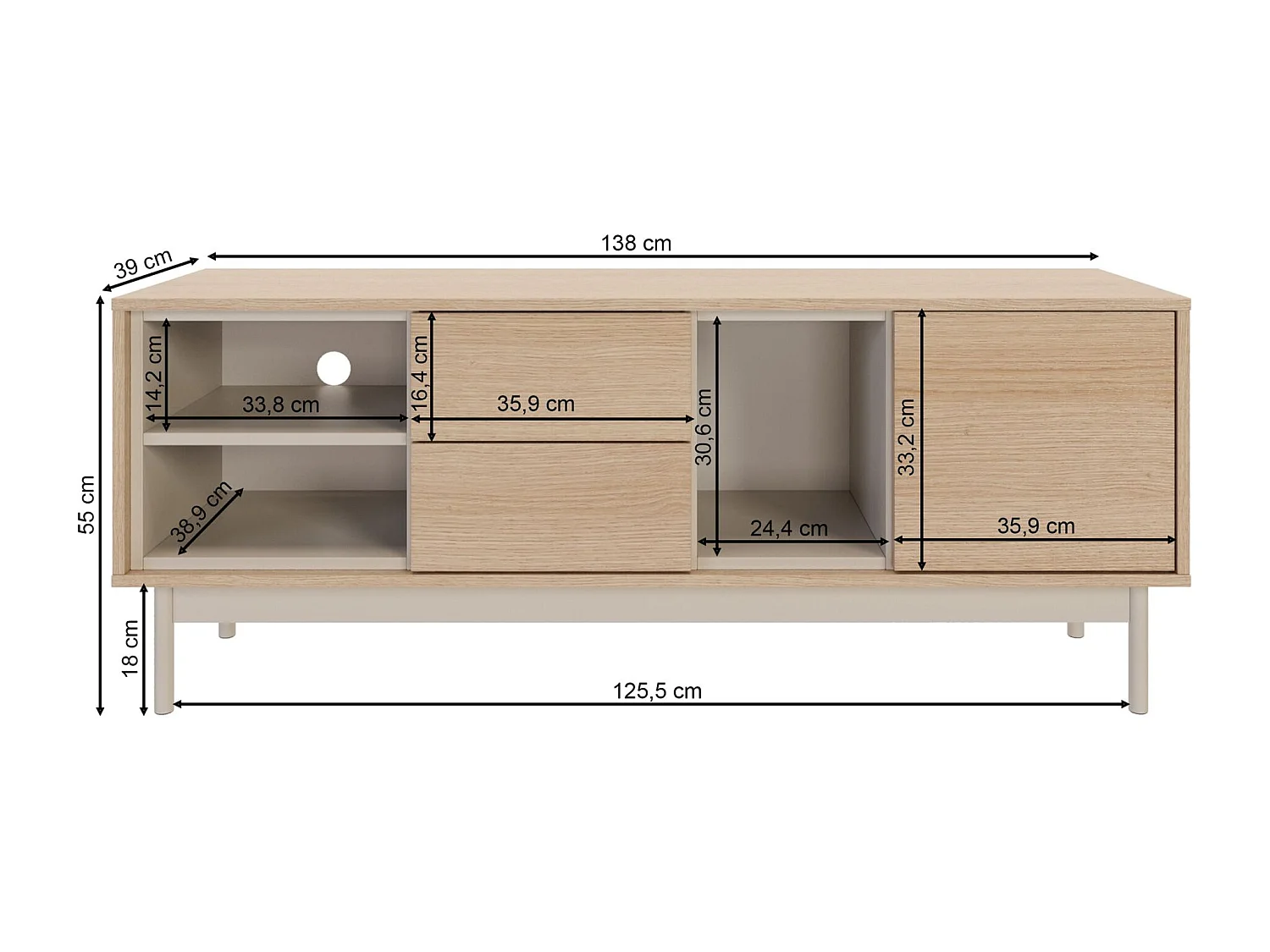 TV-Lowboard mit zwei Schubladen – drei offenen Fächern – Eichenholzoptik / Kaschmirgrau – LAYEN