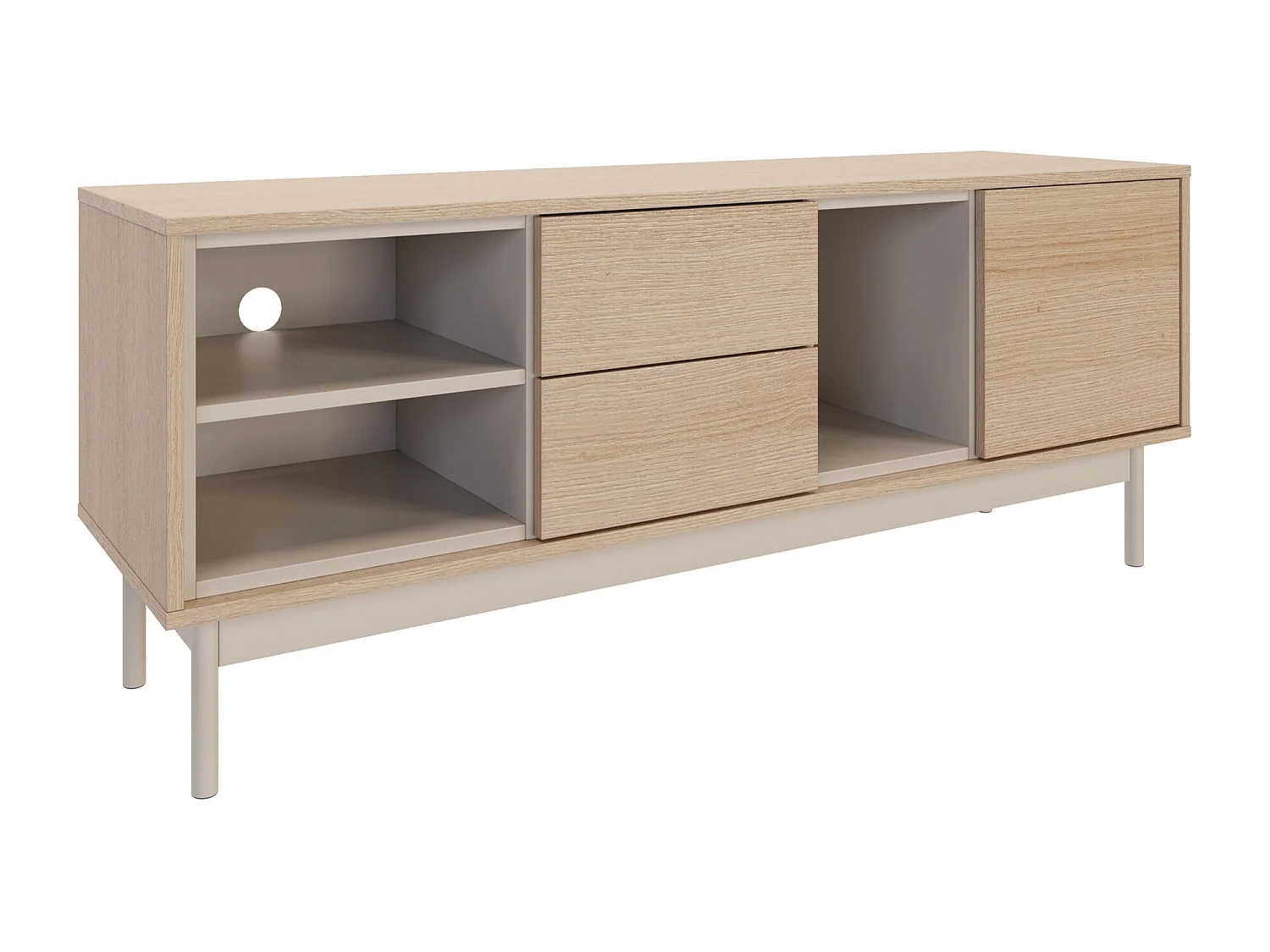 TV-Lowboard mit zwei Schubladen – drei offenen Fächern – Eichenholzoptik / Kaschmirgrau – LAYEN