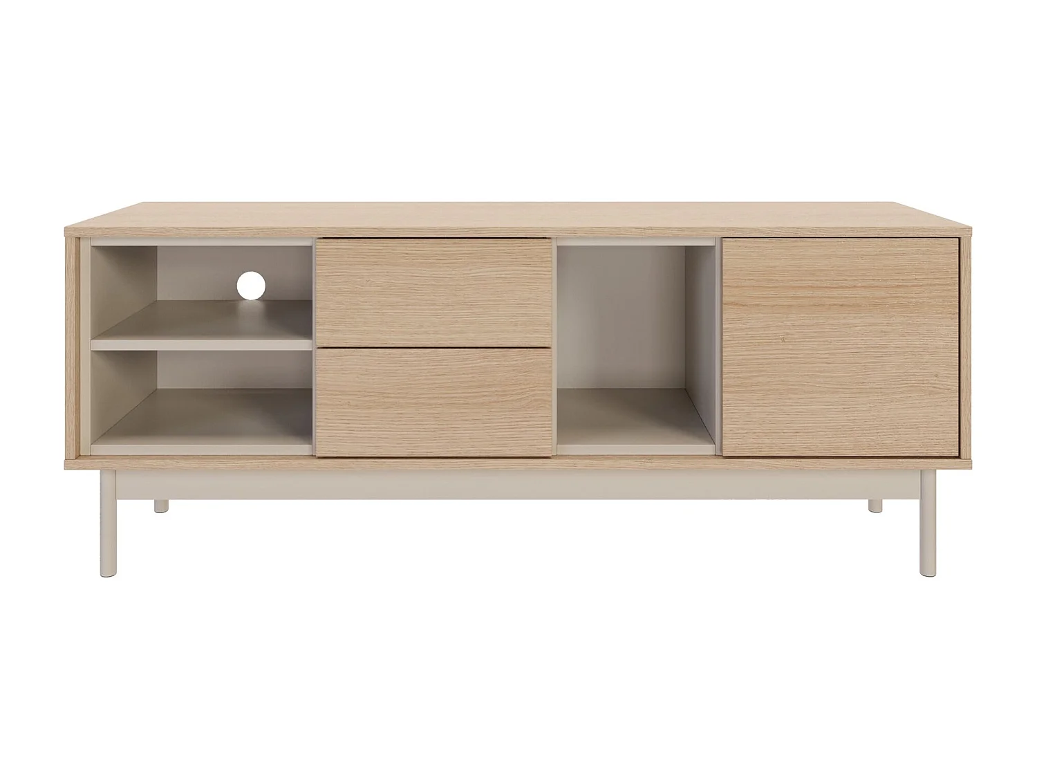 TV-Lowboard mit zwei Schubladen – drei offenen Fächern – Eichenholzoptik / Kaschmirgrau – LAYEN