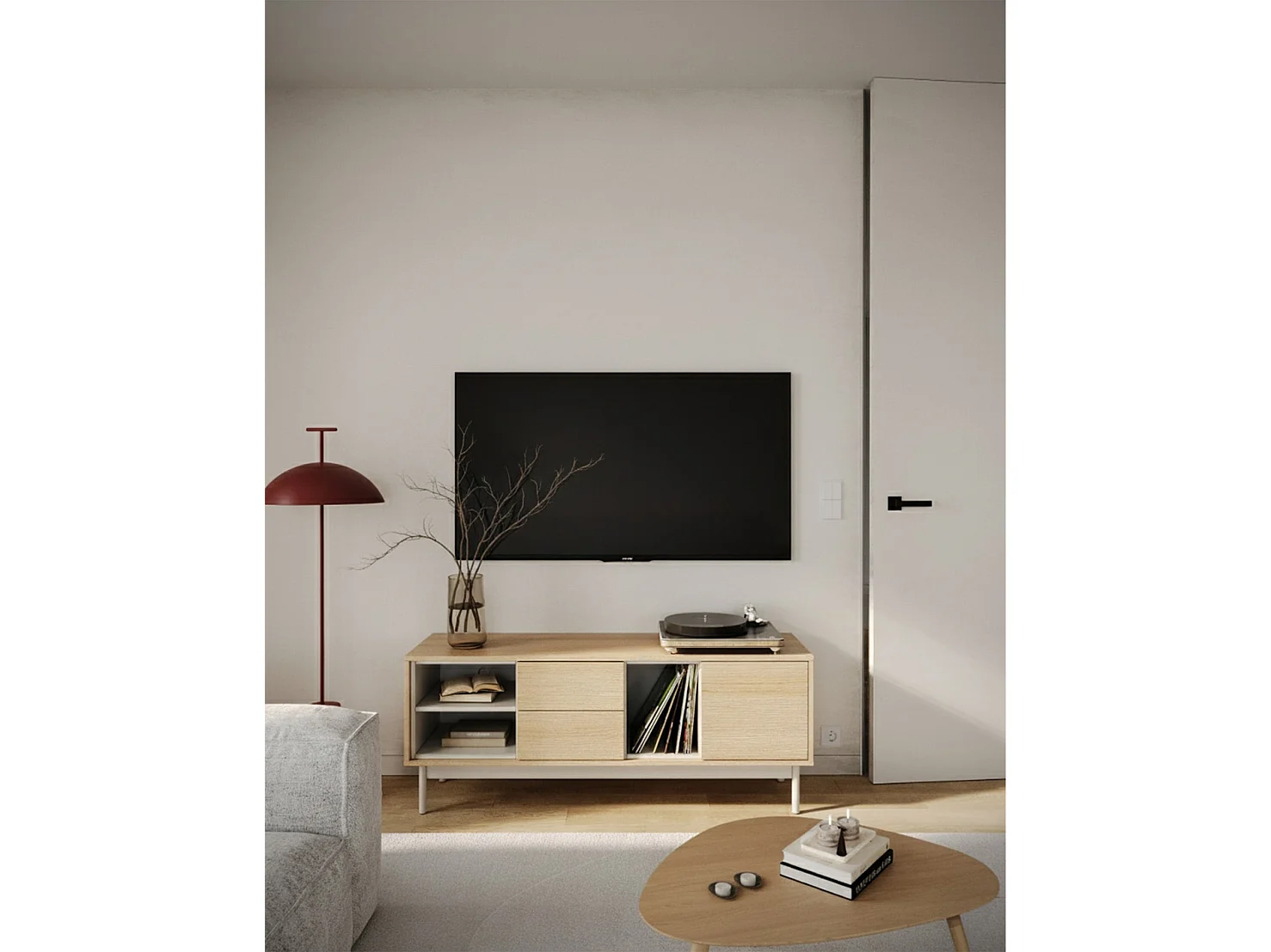 TV-Lowboard mit zwei Schubladen – drei offenen Fächern – Eichenholzoptik / Kaschmirgrau – LAYEN